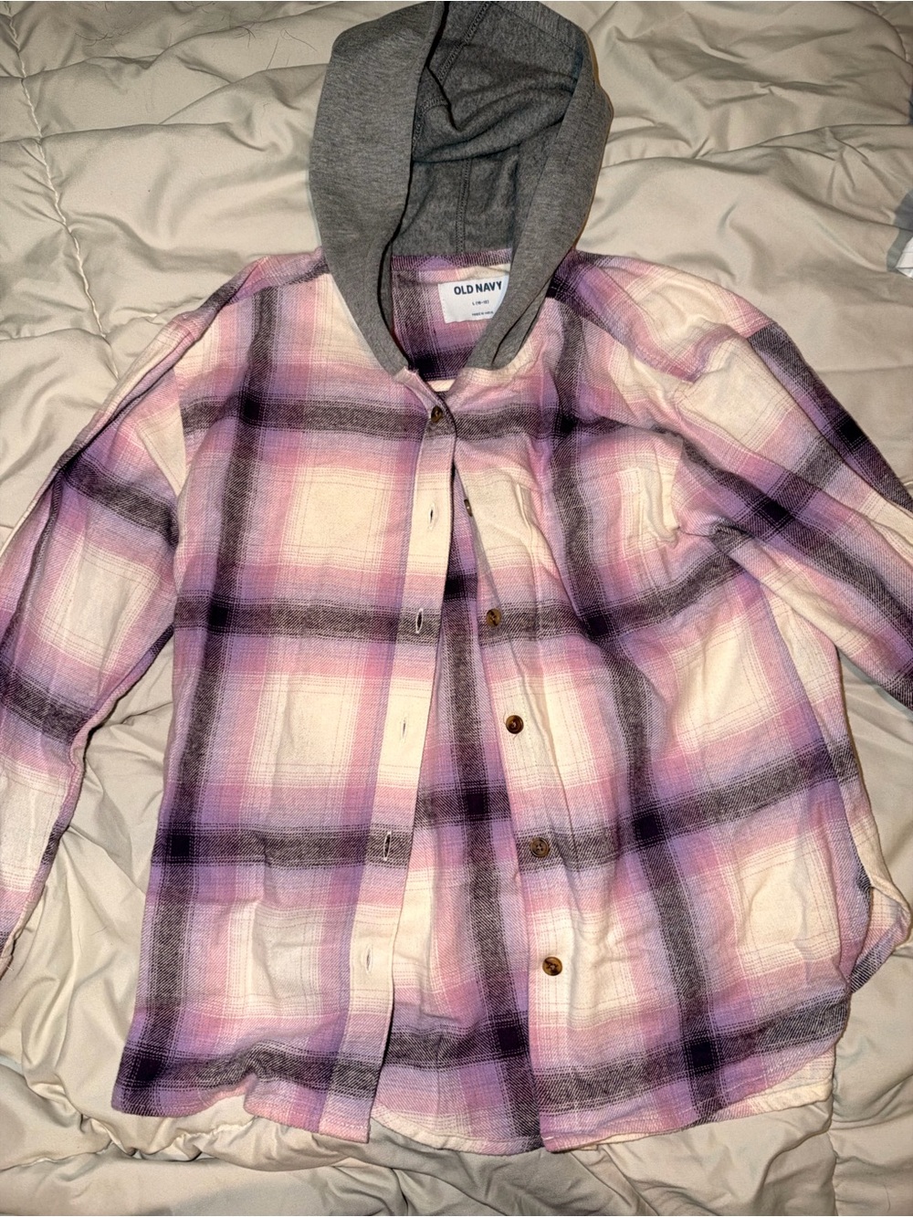 Old Navy Pink and Purple Plaid Hooded Button-Down